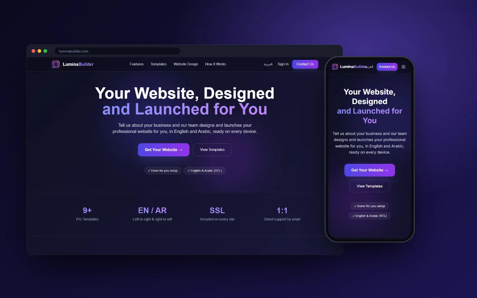Lumina Builder homepage on desktop and mobile