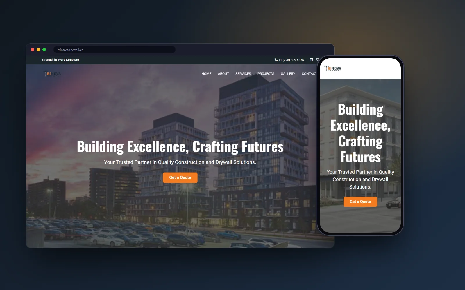Trinova Drywall homepage on desktop and mobile